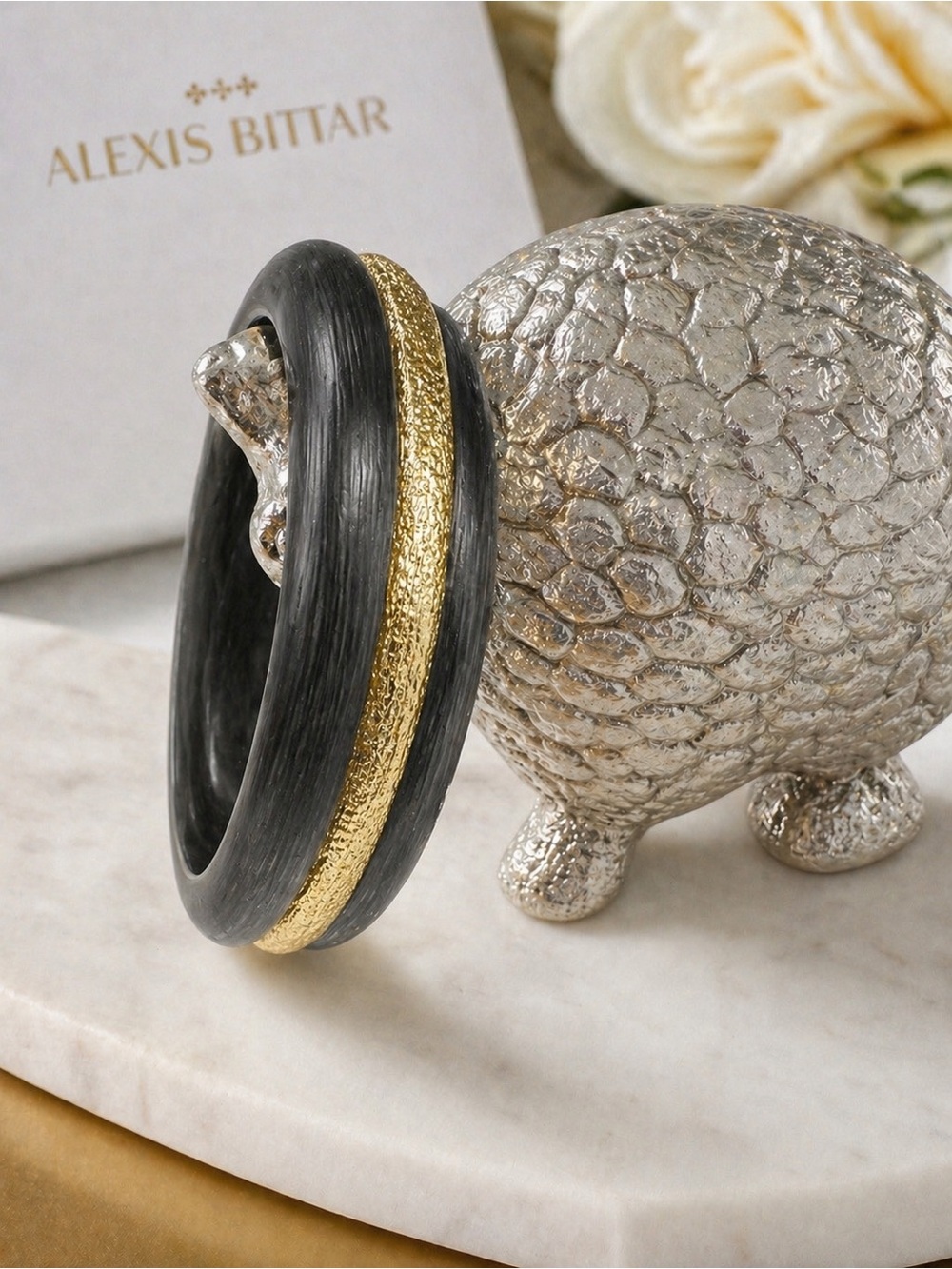 Alexis Bittar Hand-Carved Lucite & Crumpled Gold-Tone Hinged Bangle.